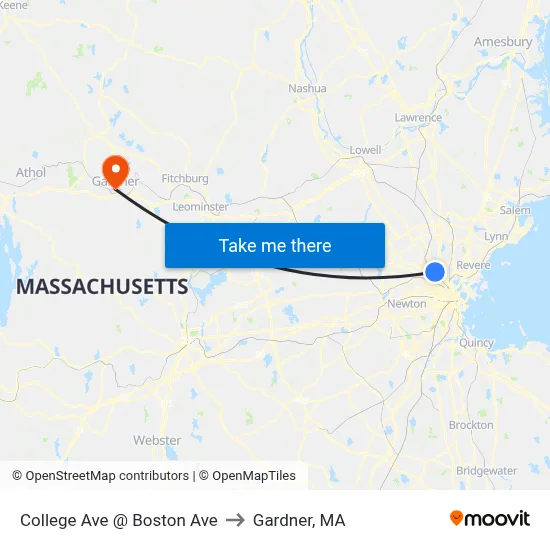 College Ave @ Boston Ave to Gardner, MA map