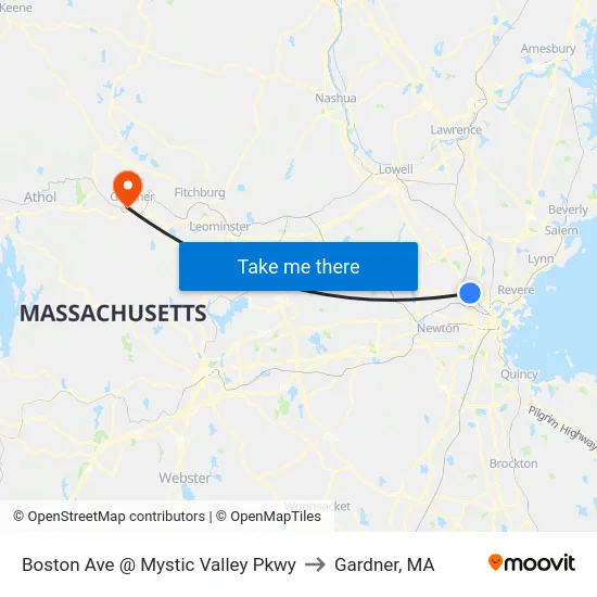 Boston Ave @ Mystic Valley Pkwy to Gardner, MA map