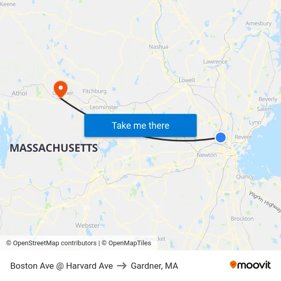Boston Ave @ Harvard Ave to Gardner, MA map