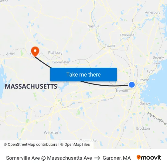 Somerville Ave @ Massachusetts Ave to Gardner, MA map