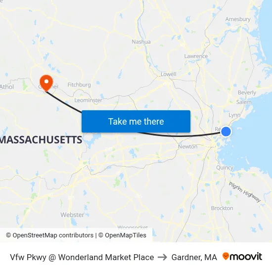 Vfw Pkwy @ Wonderland Market Place to Gardner, MA map