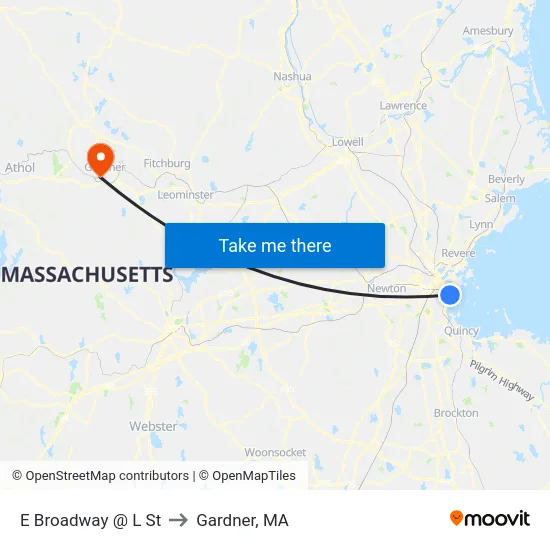 E Broadway @ L St to Gardner, MA map