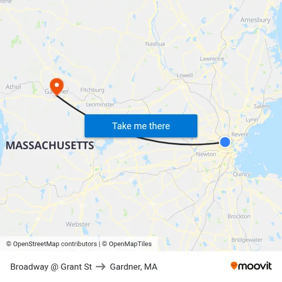 Broadway @ Grant St to Gardner, MA map