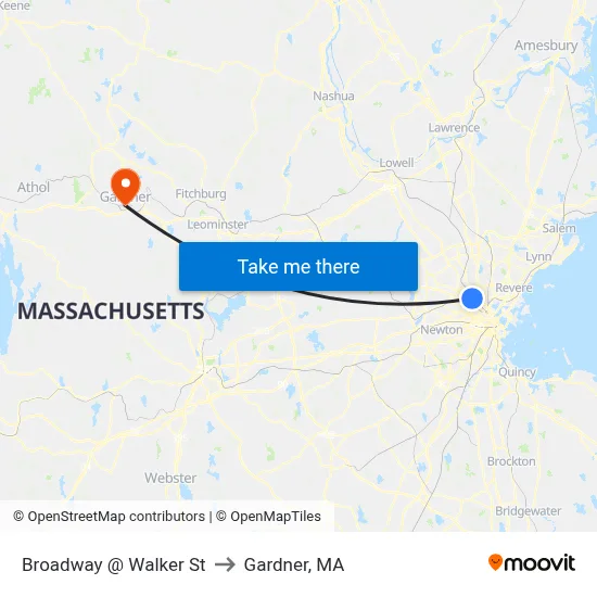 Broadway @ Walker St to Gardner, MA map