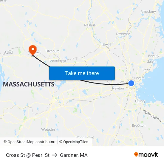 Cross St @ Pearl St to Gardner, MA map