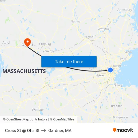 Cross St @ Otis St to Gardner, MA map