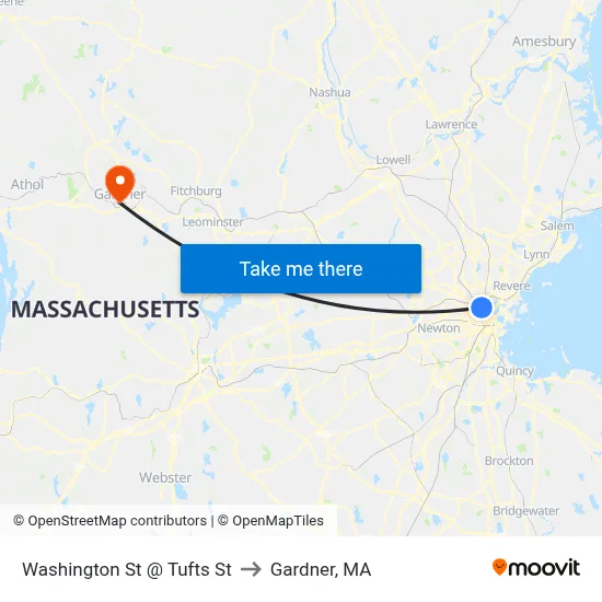 Washington St @ Tufts St to Gardner, MA map