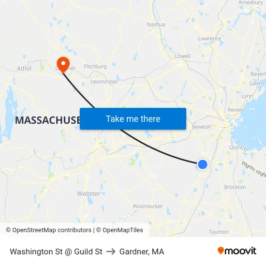 Washington St @ Guild St to Gardner, MA map