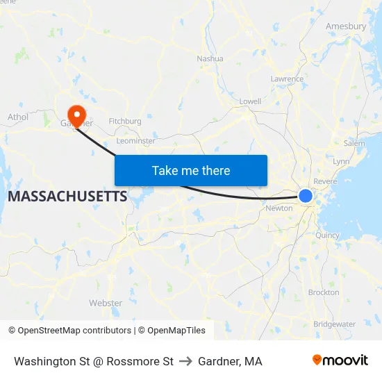 Washington St @ Rossmore St to Gardner, MA map