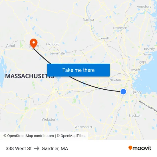 338 West St to Gardner, MA map