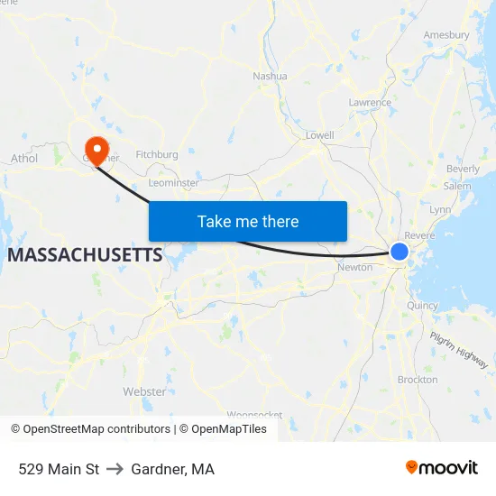 529 Main St to Gardner, MA map