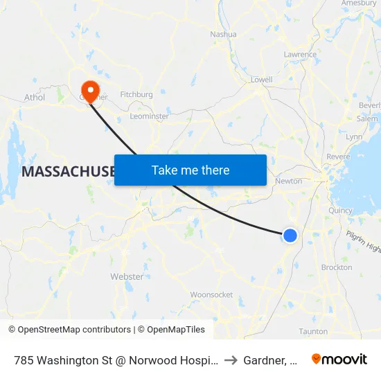 785 Washington St @ Norwood Hospital to Gardner, MA map
