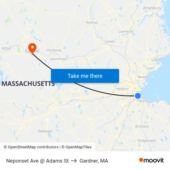 Neponset Ave @ Adams St to Gardner, MA map
