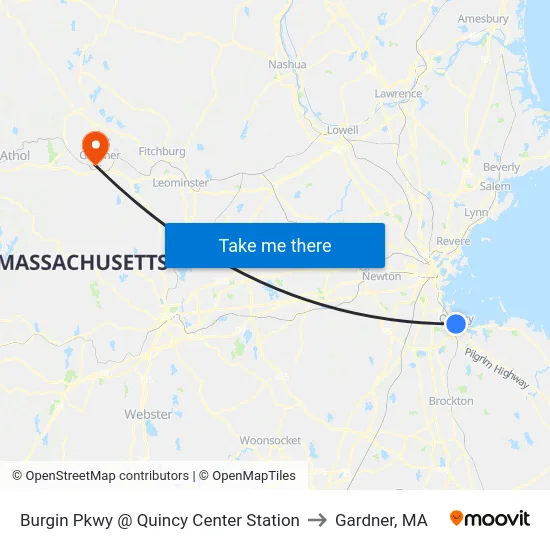 Burgin Pkwy @ Quincy Center Station to Gardner, MA map