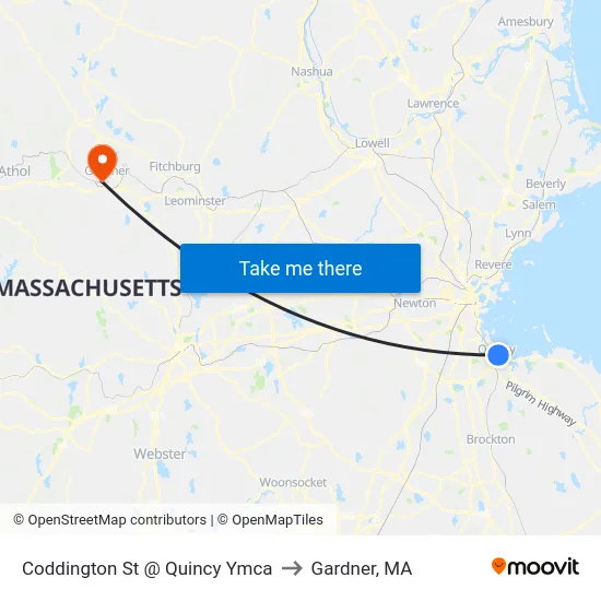 Coddington St @ Quincy Ymca to Gardner, MA map