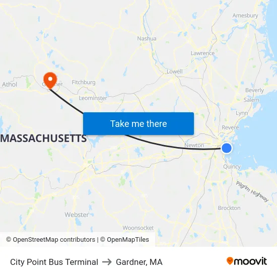City Point Bus Terminal to Gardner, MA map