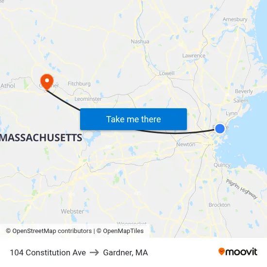 104 Constitution Ave to Gardner, MA map