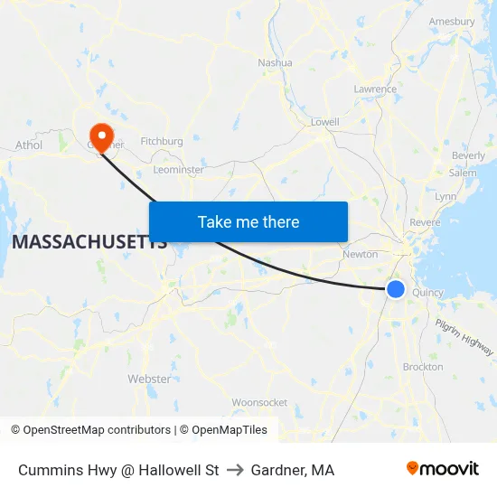 Cummins Hwy @ Hallowell St to Gardner, MA map