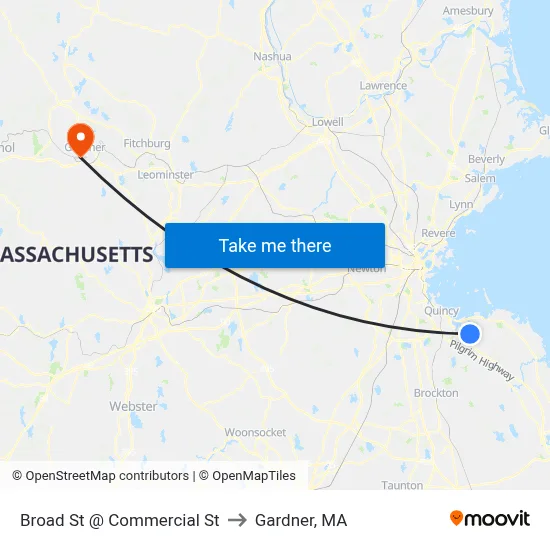 Broad St @ Commercial St to Gardner, MA map
