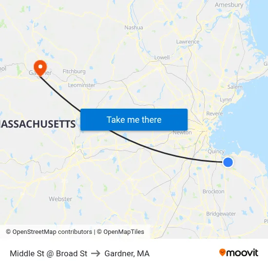 Middle St @ Broad St to Gardner, MA map