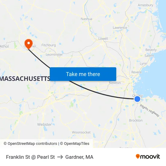 Franklin St @ Pearl St to Gardner, MA map