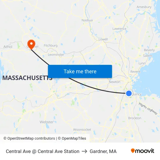 Central Ave @ Central Ave Station to Gardner, MA map