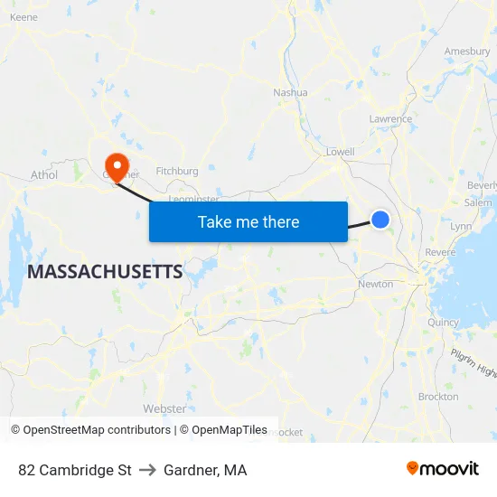 82 Cambridge St to Gardner, MA map