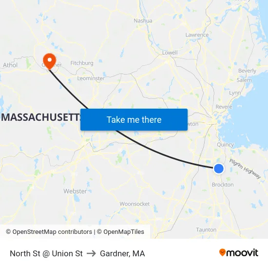 North St @ Union St to Gardner, MA map