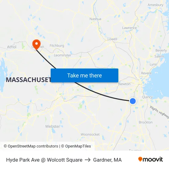 Hyde Park Ave @ Wolcott Square to Gardner, MA map