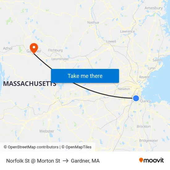 Norfolk St @ Morton St to Gardner, MA map