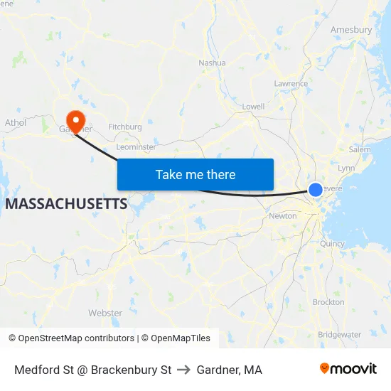 Medford St @ Brackenbury St to Gardner, MA map