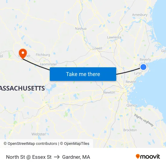 North St @ Essex St to Gardner, MA map