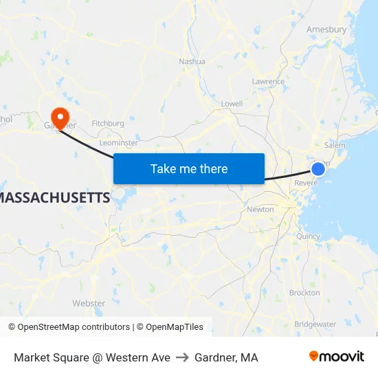Market Square @ Western Ave to Gardner, MA map