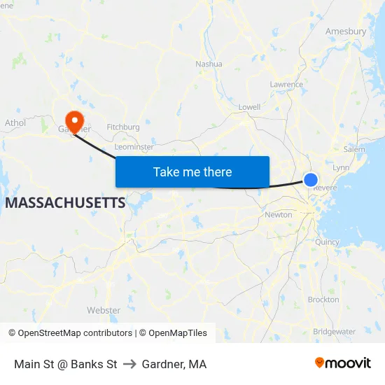 Main St @ Banks St to Gardner, MA map