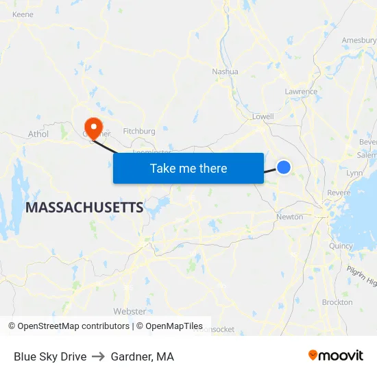 Blue Sky Drive to Gardner, MA map