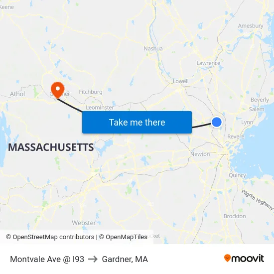 Montvale Ave @ I93 to Gardner, MA map