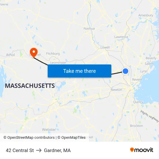 42 Central St to Gardner, MA map
