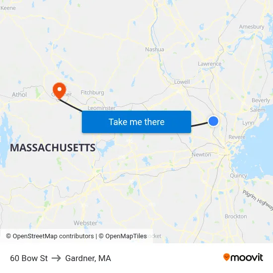 60 Bow St to Gardner, MA map