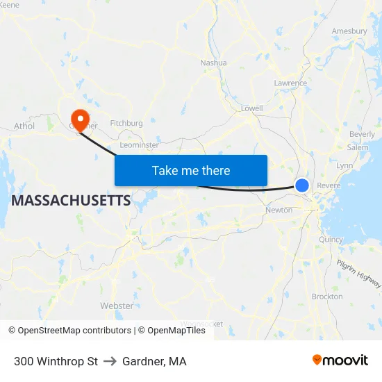 300 Winthrop St to Gardner, MA map