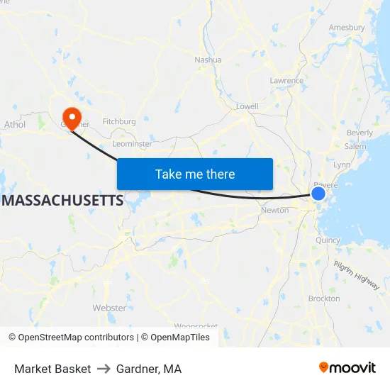 Market Basket to Gardner, MA map