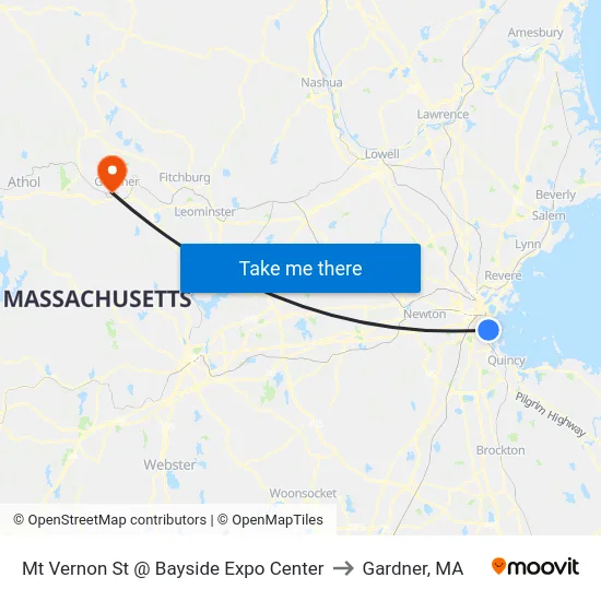 Mt Vernon St @ Bayside Expo Center to Gardner, MA map