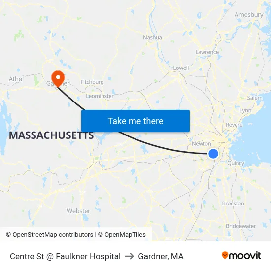 Centre St @ Faulkner Hospital to Gardner, MA map