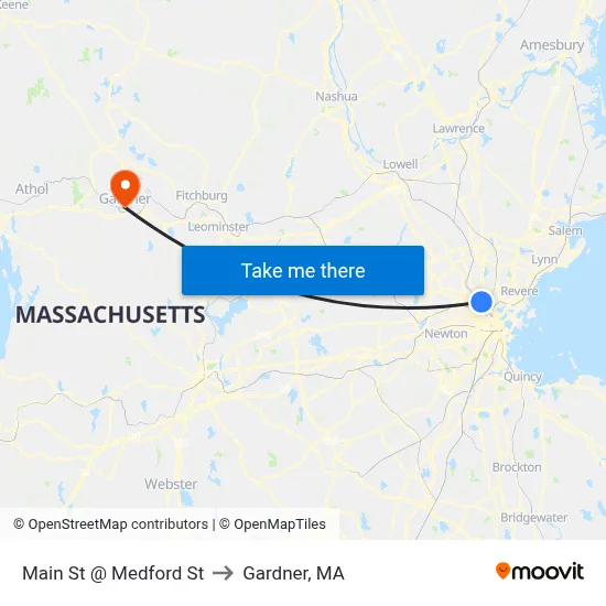Main St @ Medford St to Gardner, MA map