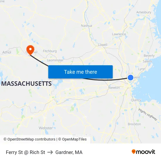 Ferry St @ Rich St to Gardner, MA map