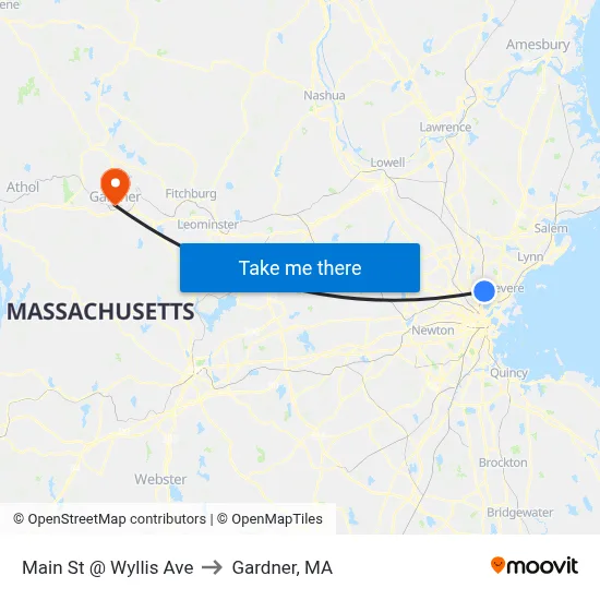 Main St @ Wyllis Ave to Gardner, MA map