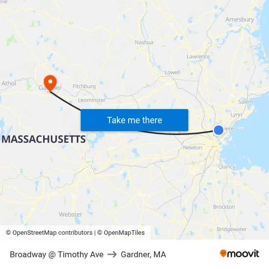 Broadway @ Timothy Ave to Gardner, MA map
