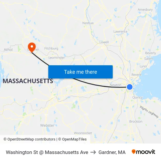 Washington St @ Massachusetts Ave to Gardner, MA map