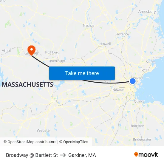 Broadway @ Bartlett St to Gardner, MA map