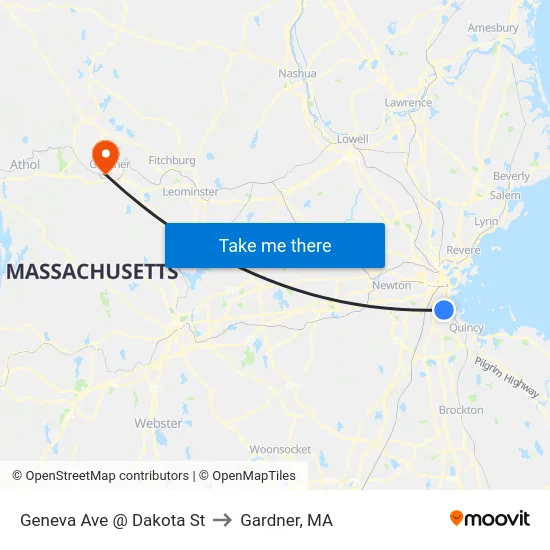 Geneva Ave @ Dakota St to Gardner, MA map