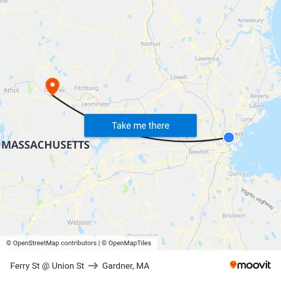 Ferry St @ Union St to Gardner, MA map